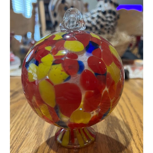 Handblown Art Glass Suncatcher Friendship Ball Multi-color Pedestal Foot - Picture 1 of 7